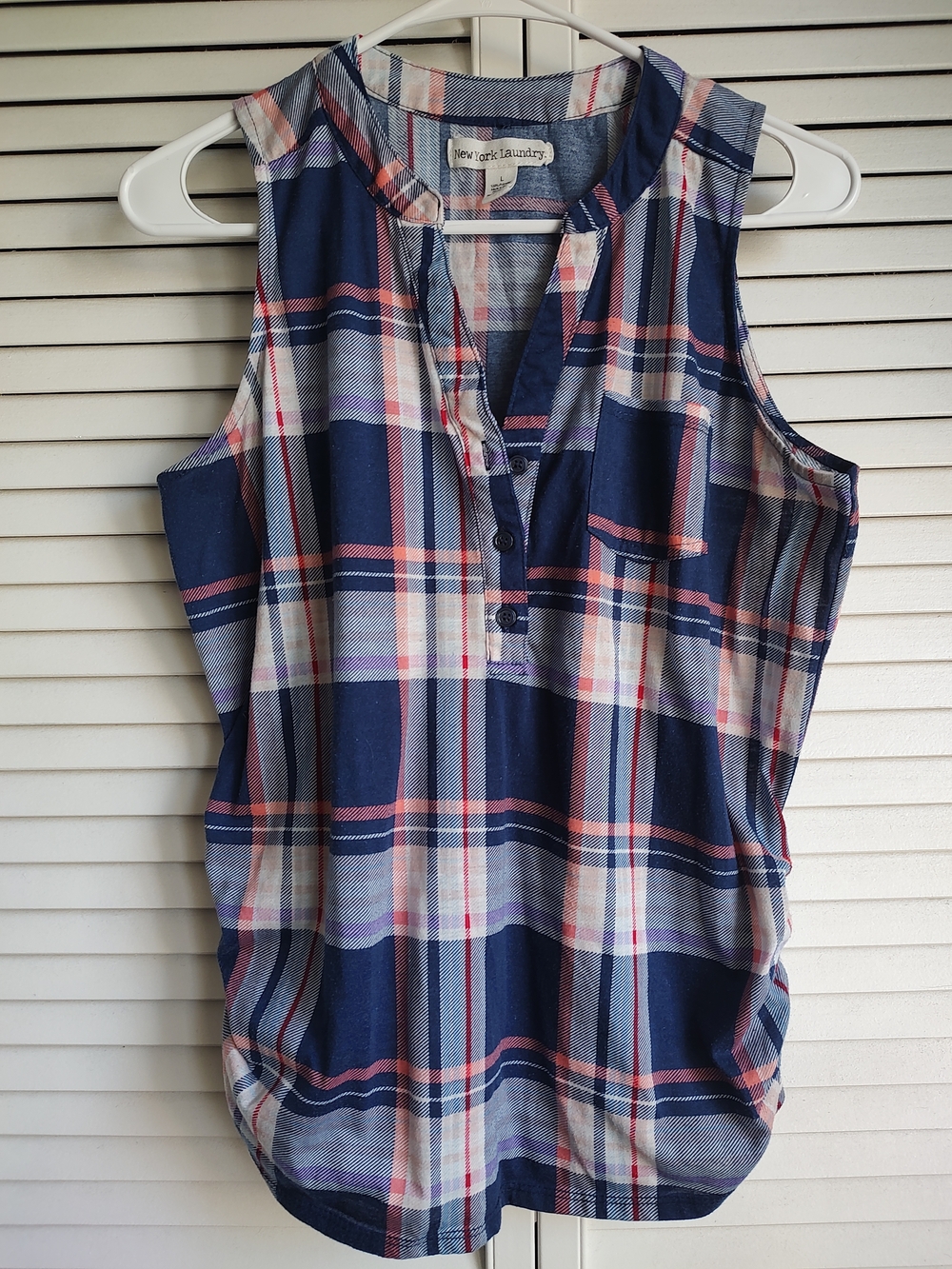 New York & Company Navy Plaid Sleeveless Henley Tank with Pink and Cream Accents
